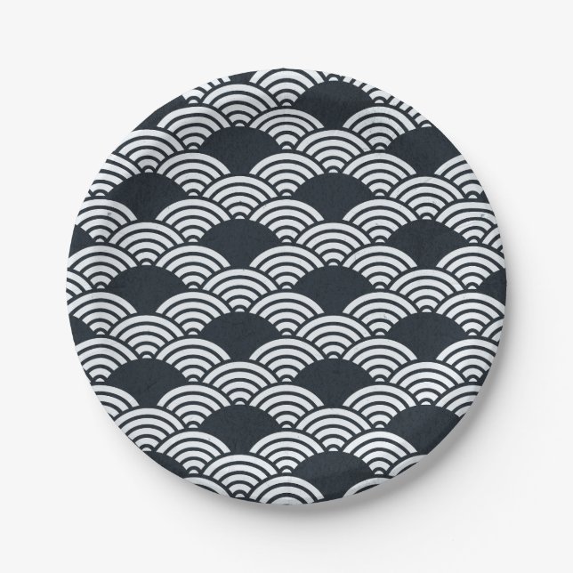 Navy blue and white Seigaiha waves pattern Paper Plate (Front)