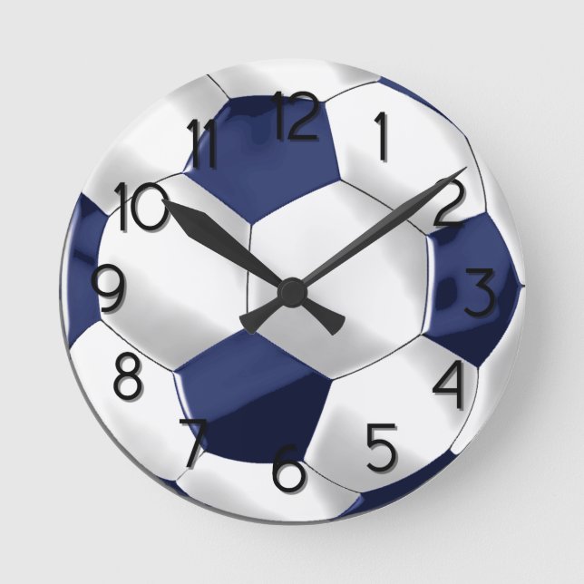 Navy Blue and White Soccer Ball Round Clock (Front)