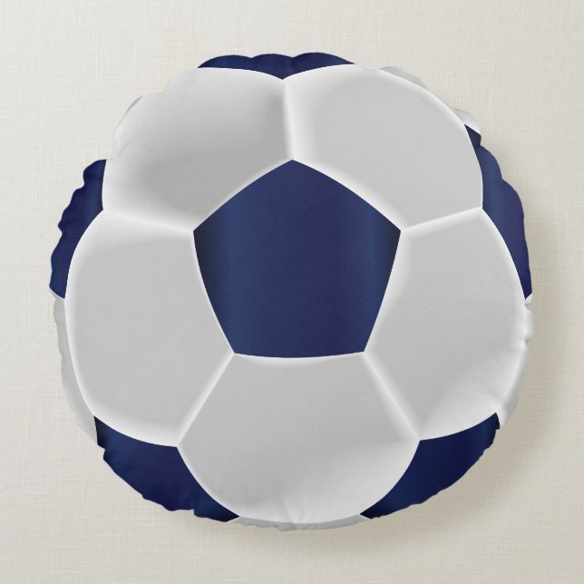Navy Blue and White Soccer Ball Round Cushion (Front)