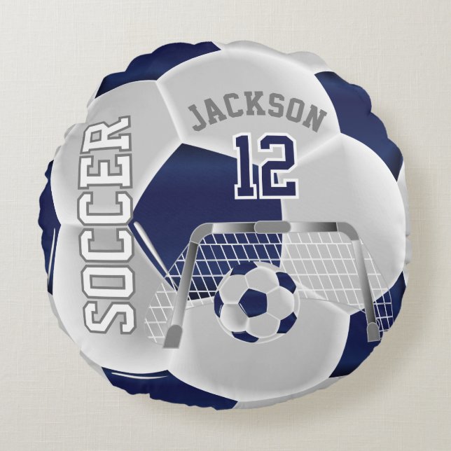 Navy Blue and White Soccer | DIY Name Round Cushion (Front)
