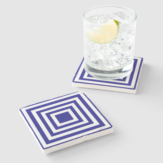 Navy Blue and White Square Stripes Stone Coaster (Side)