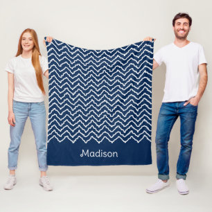 Navy Blue And White Squiggly Chevron Pattern Fleece Blanket