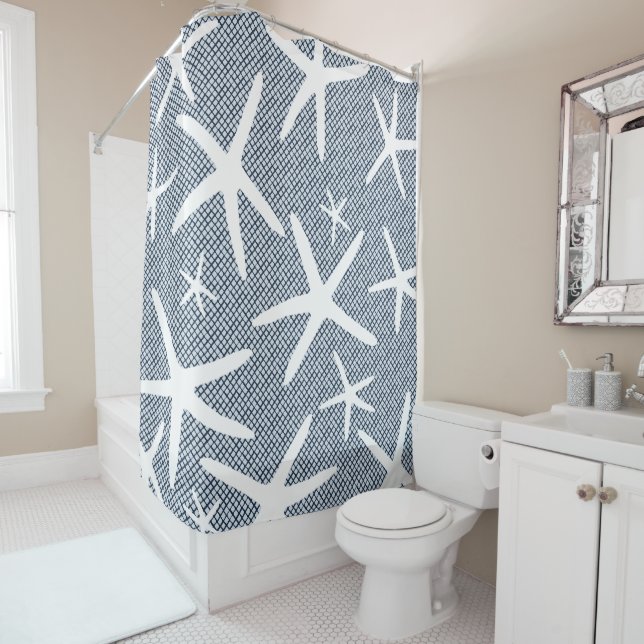 Navy Blue and White Starfish Beach Shower Curtain (In Situ)