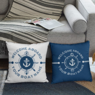 Navy blue and white steering white and boat anchor cushion
