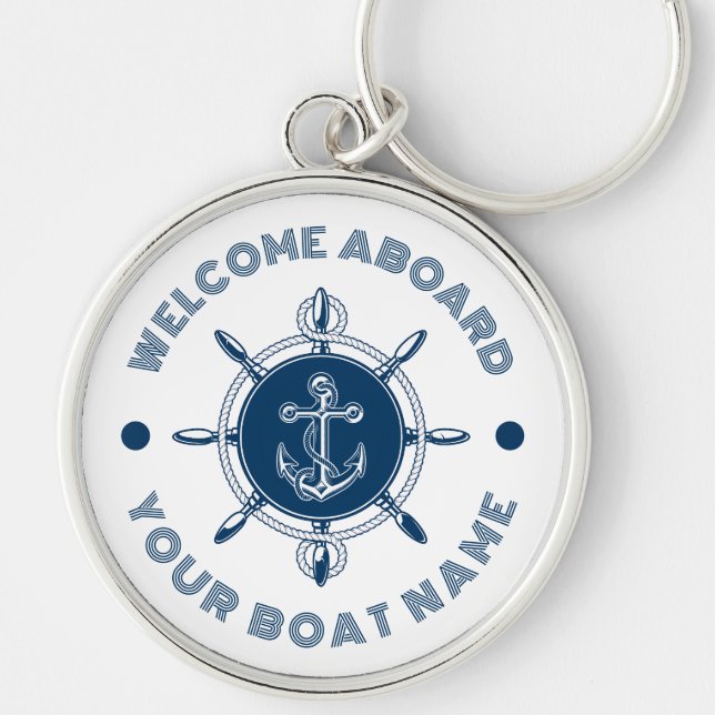 Navy blue and white steering white and boat anchor key ring (Front)