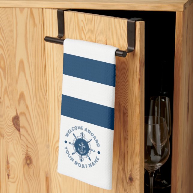 Navy blue and white steering white and boat anchor tea towel (Thirds Fold)