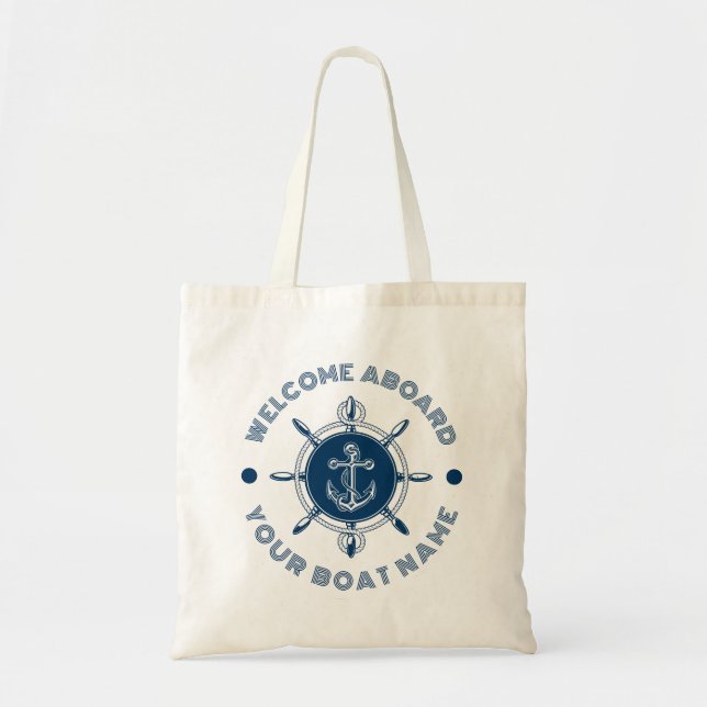 Navy blue and white steering white and boat anchor tote bag (Front)