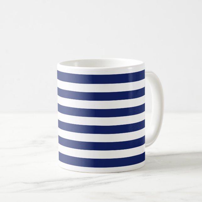 Navy Blue and White Stripe Pattern Coffee Mug (Front Right)