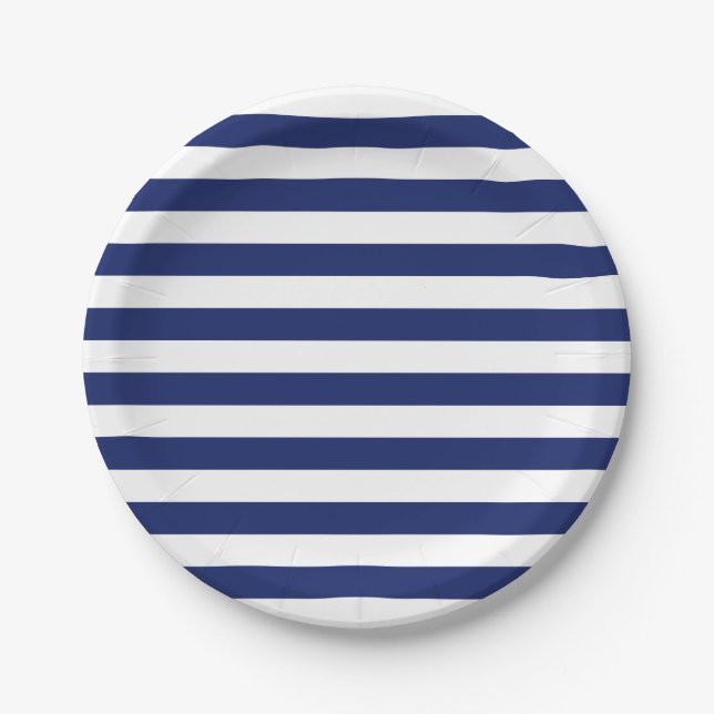Navy Blue and White Stripe Pattern Paper Plate (Front)