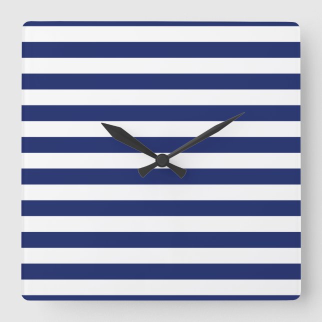 Navy Blue and White Stripe Pattern Square Wall Clock (Front)