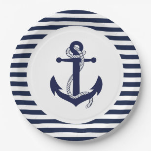 Navy Blue and White Striped Anchor Wedding. Paper Plate