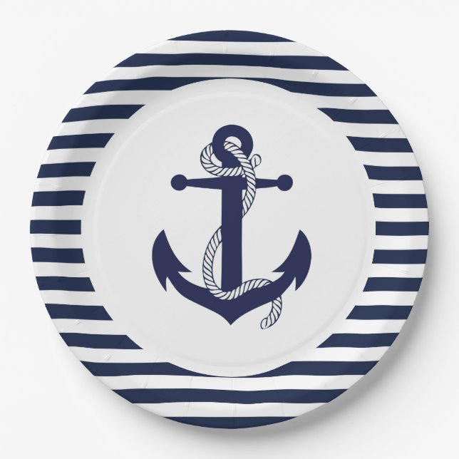 Navy Blue and White Striped Anchor Wedding. Paper Plate (Front)