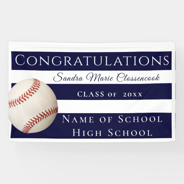 Navy Blue and White Striped Baseball graduate  Banner (Horizontal)