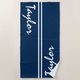 Navy Blue and White Striped Custom Name Beach Towel
