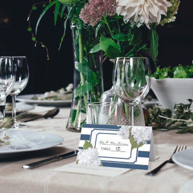 Navy Blue and White Striped Hydrangea Floral Art Place Card (Creator Uploaded)