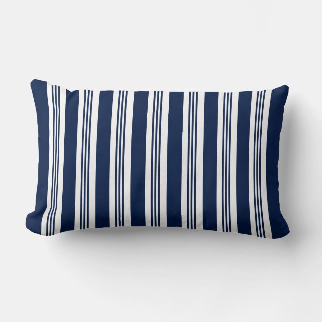 Navy Blue and White Striped Lumbar Pillow (Front)