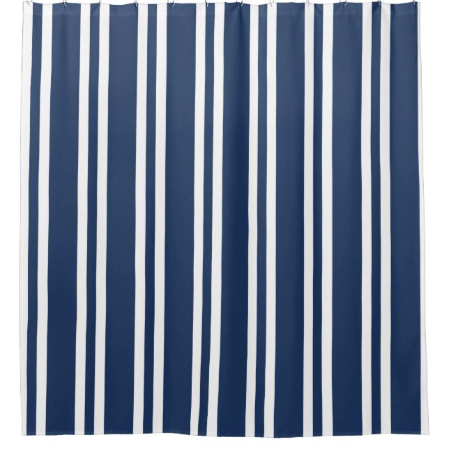 Navy Blue and White Striped Shower Curtain (Front)