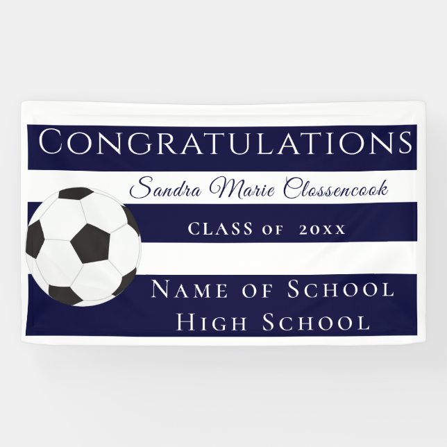 Navy Blue and White Striped Soccer graduate Banner (Horizontal)