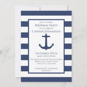 Navy Blue and White Stripes and Anchor Nautical Invitation