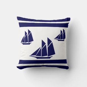 Navy blue and white Stripes and Sailboat  Cushion