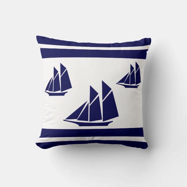 Navy blue and white Stripes and Sailboat  Cushion (Front)