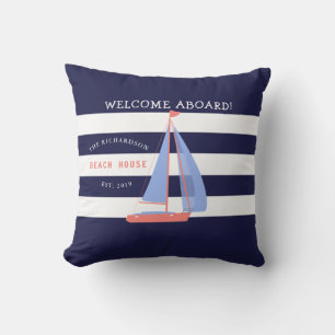 Navy Blue and White Stripes and Sailboat Nautical Cushion