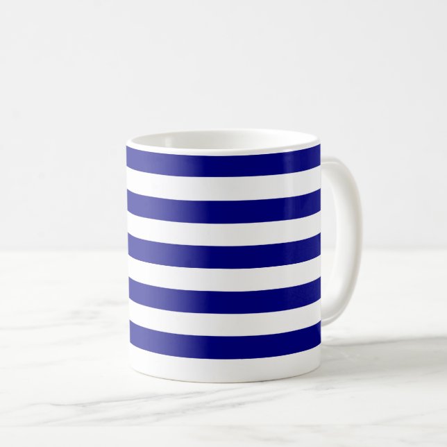 Navy Blue and White Stripes Coffee Mug (Front Right)