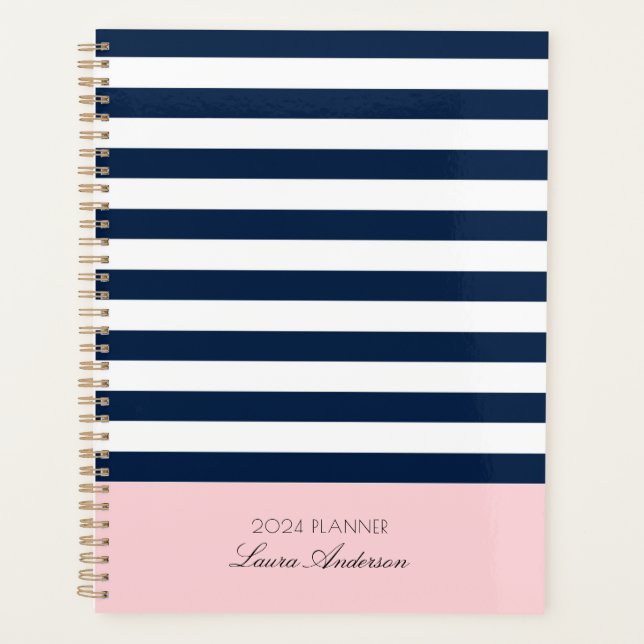 Navy blue and white stripes Nautical planner (Front)