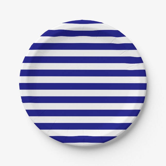 Navy Blue and White Stripes Paper Plate (Front)