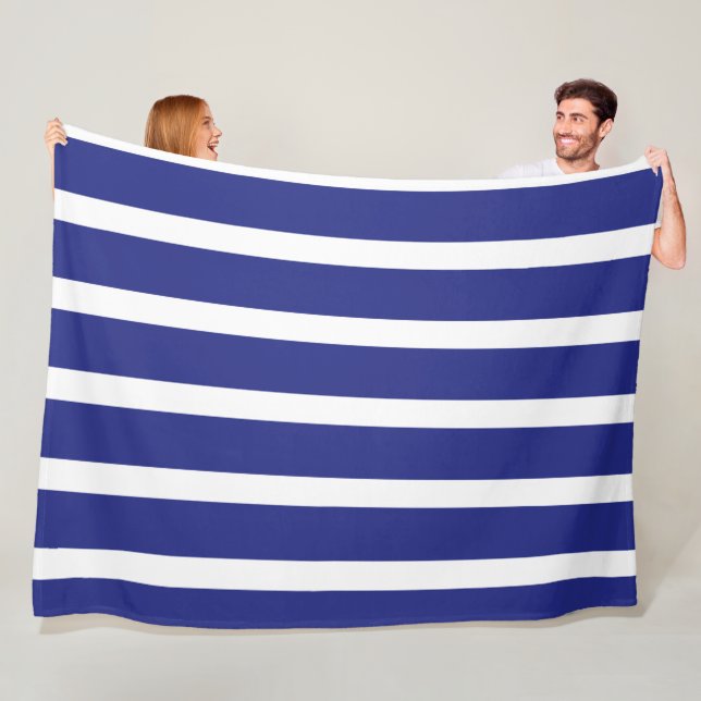 Navy blue and white stripes pattern fleece blanket (In Situ)
