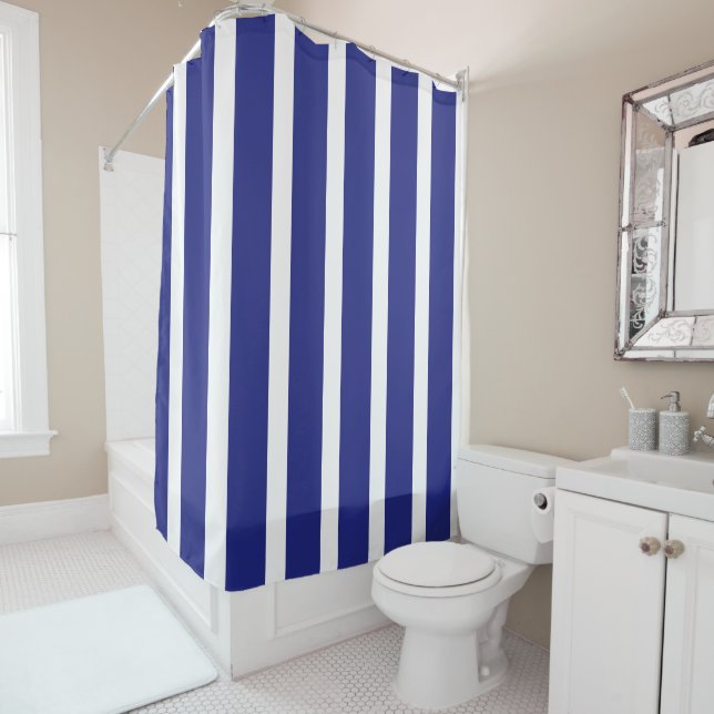 Navy blue and white stripes pattern shower curtain (In Situ)