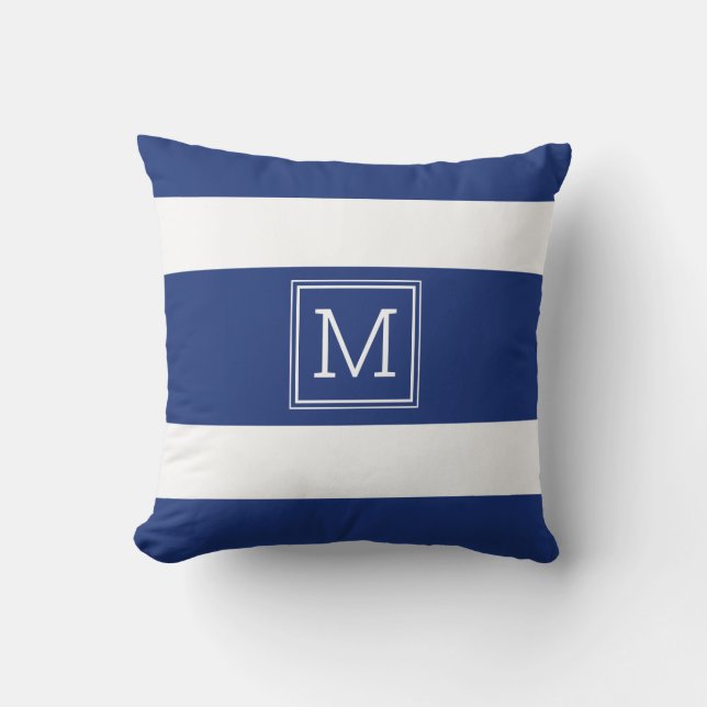 Navy Blue and White Stripes Simple Monogram Custom Cushion (Front)