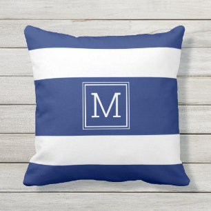 Navy Blue and White Stripes Simple Monogram Custom Cushion