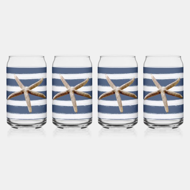 Navy Blue and White Stripes Starfish Can Glass (Front)