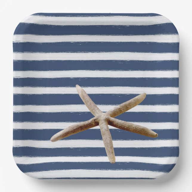 Navy Blue and White Stripes Starfish Paper Plate (Front)