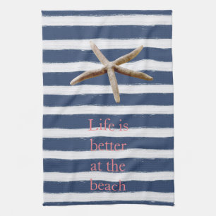 Navy Blue and White Stripes Starfish Tea Towel