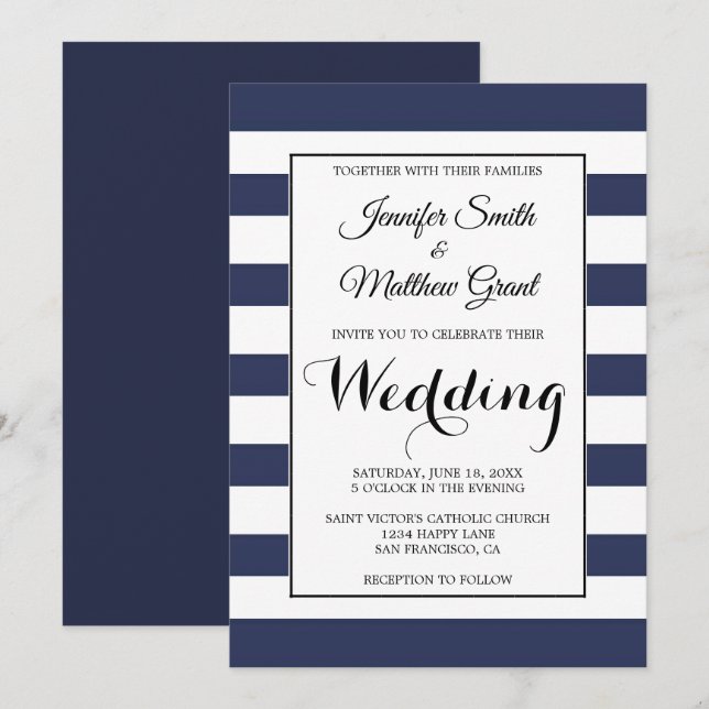 Navy Blue and White Stripes Wedding Invitation (Front/Back)