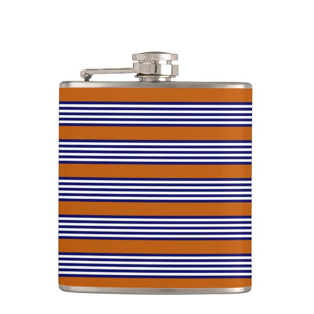 Navy blue and white stripes with burnt orange hip flask (Front)