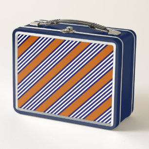 Navy blue and white stripes with burnt orange metal lunch box