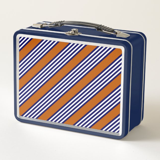 Navy blue and white stripes with burnt orange metal lunch box (Front)