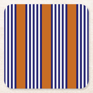 Navy blue and white stripes with burnt orange square paper coaster