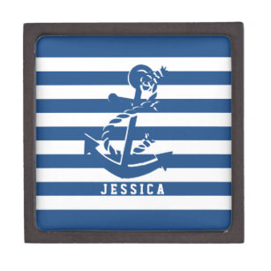 Navy Blue And White Stripes With Nautical Anchor Jewellery Box