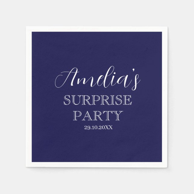 Navy Blue and White Surprise Birthday Party Napkin (Front)