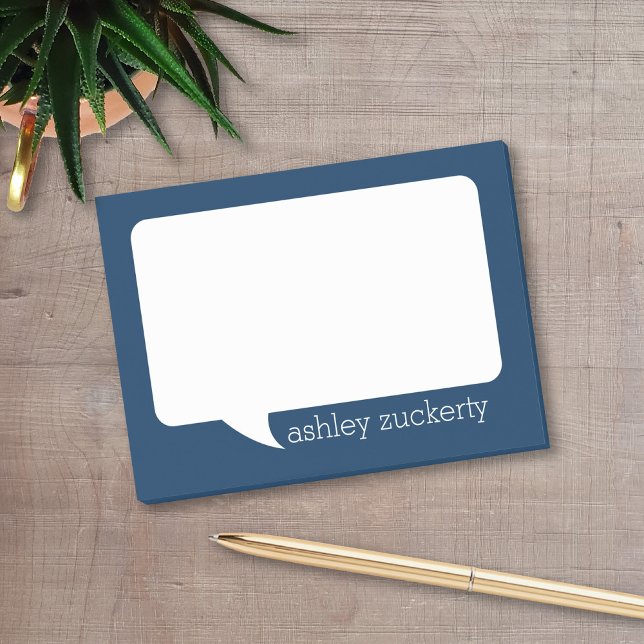 Navy Blue and White Talk Bubble Personalised Name Post-it Notes (A fun talk bubble design for a personalized post-it notepad. Add your name for a fun office gift.)