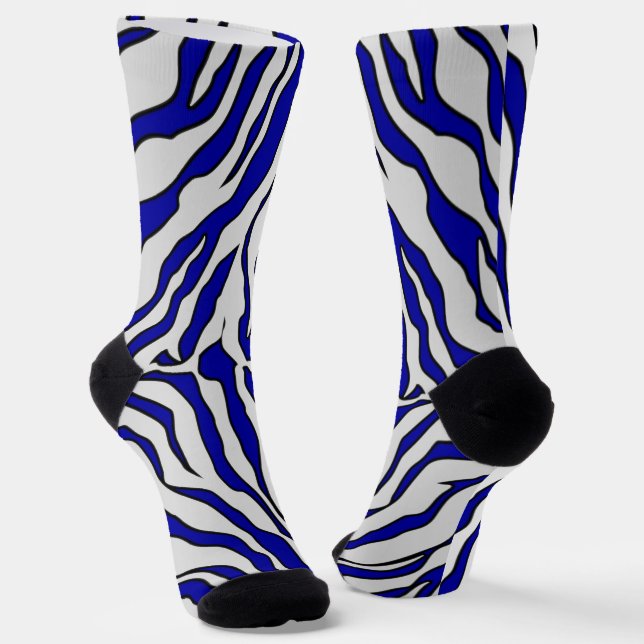 Navy Blue And White Tiger Stripes Animal Print  Socks (Angled)