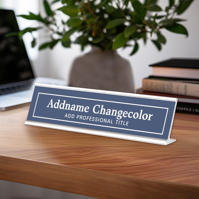 Navy Blue and White Traditional Border Name Title Desk Name Plate (Custom Name Plate for Desk or Office)