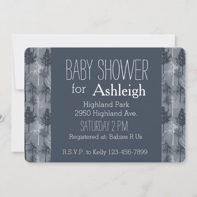 Navy Blue and White Trees baby shower Invitation (Front)