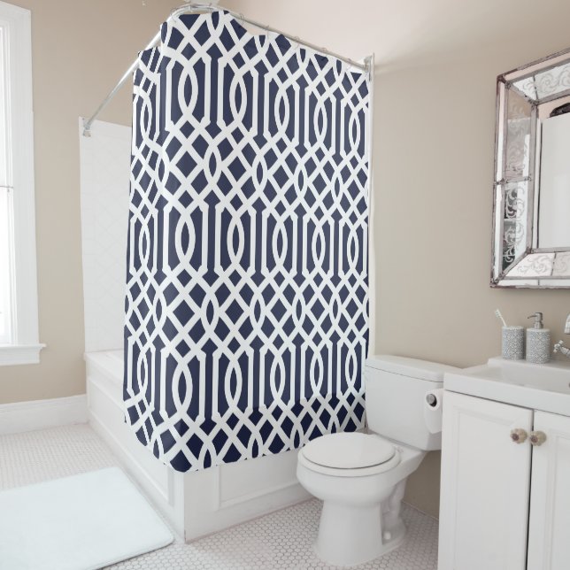 Navy Blue and White Trellis | Editable Colours Shower Curtain (In Situ)