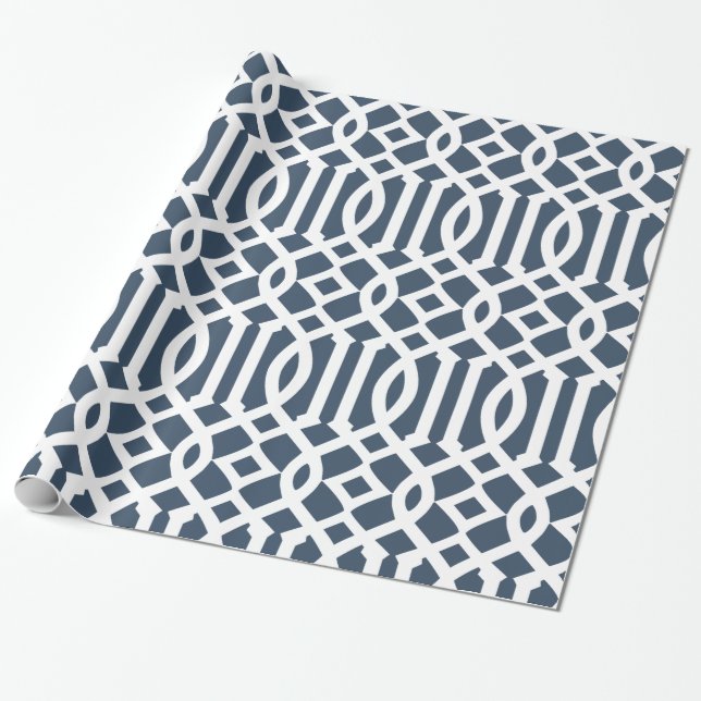 Navy Blue and White Trellis Pattern Wrapping Paper (Unrolled)