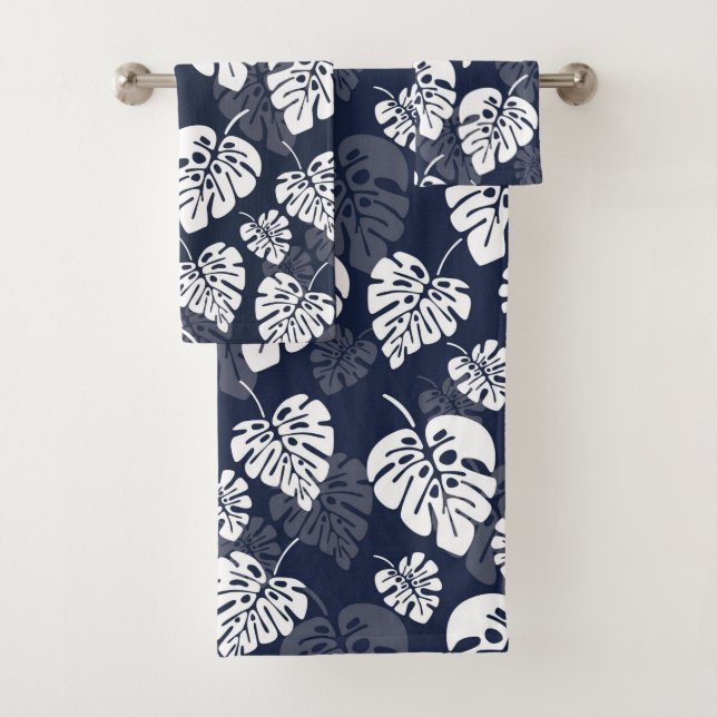 Navy Blue and White Tropical Foliage | Floral Bath Towel Set (Insitu)
